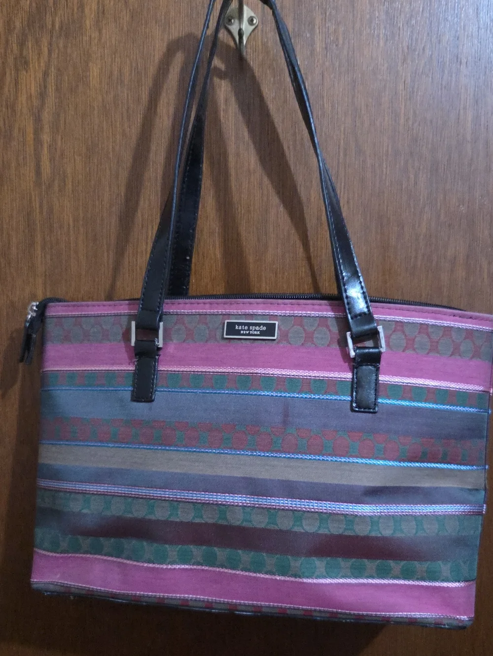 kate spade Pink and Green Striped Tote with Black Handles